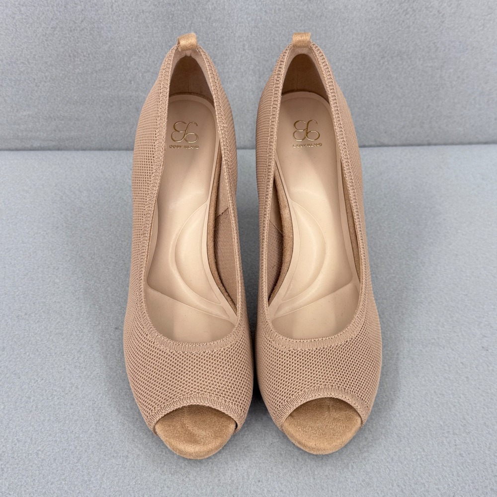 Cosy Island Peep Toe Knit Pumps Womens 9 Tan Flared Block Heel Modern Chic